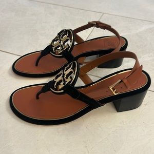 Never been worn Tory Burch black/tan/gold sandals with heel size 8 ½